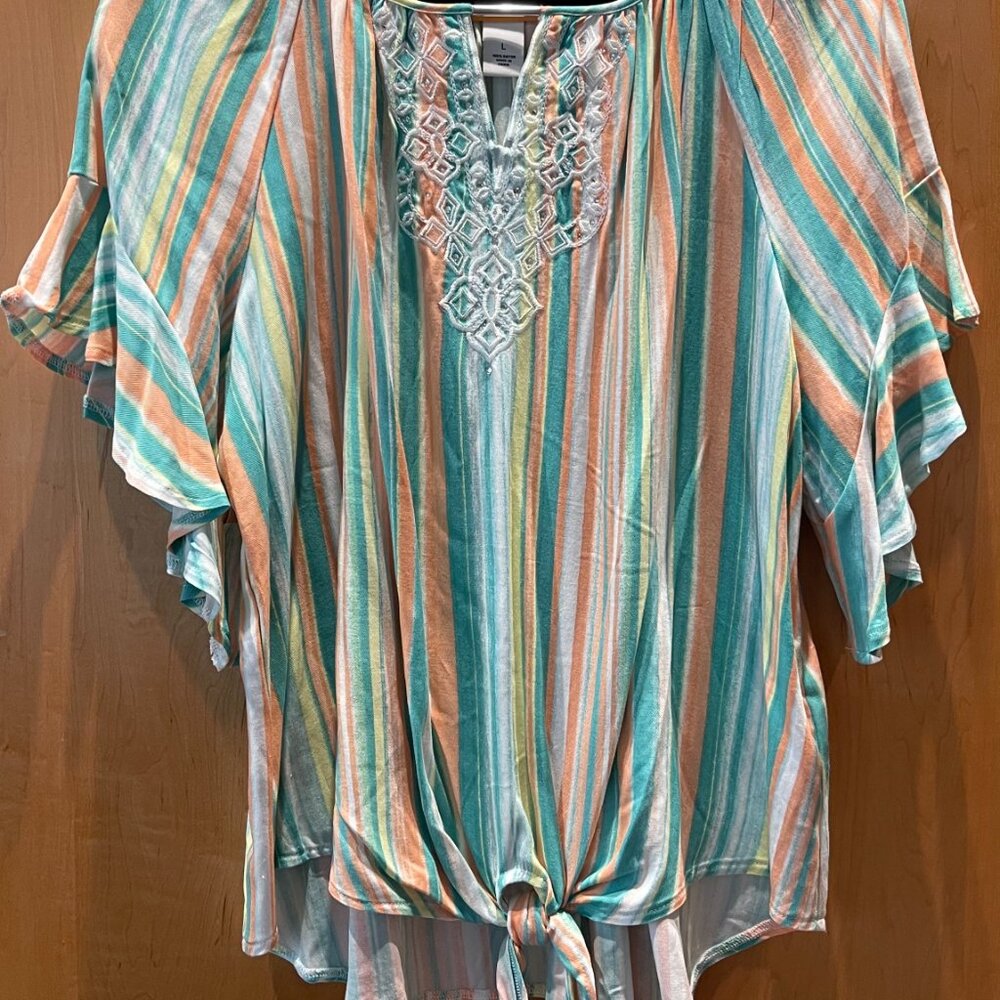 Ruby Rd Tie Front Flutter Sleeve Embroidered Embe… - image 5